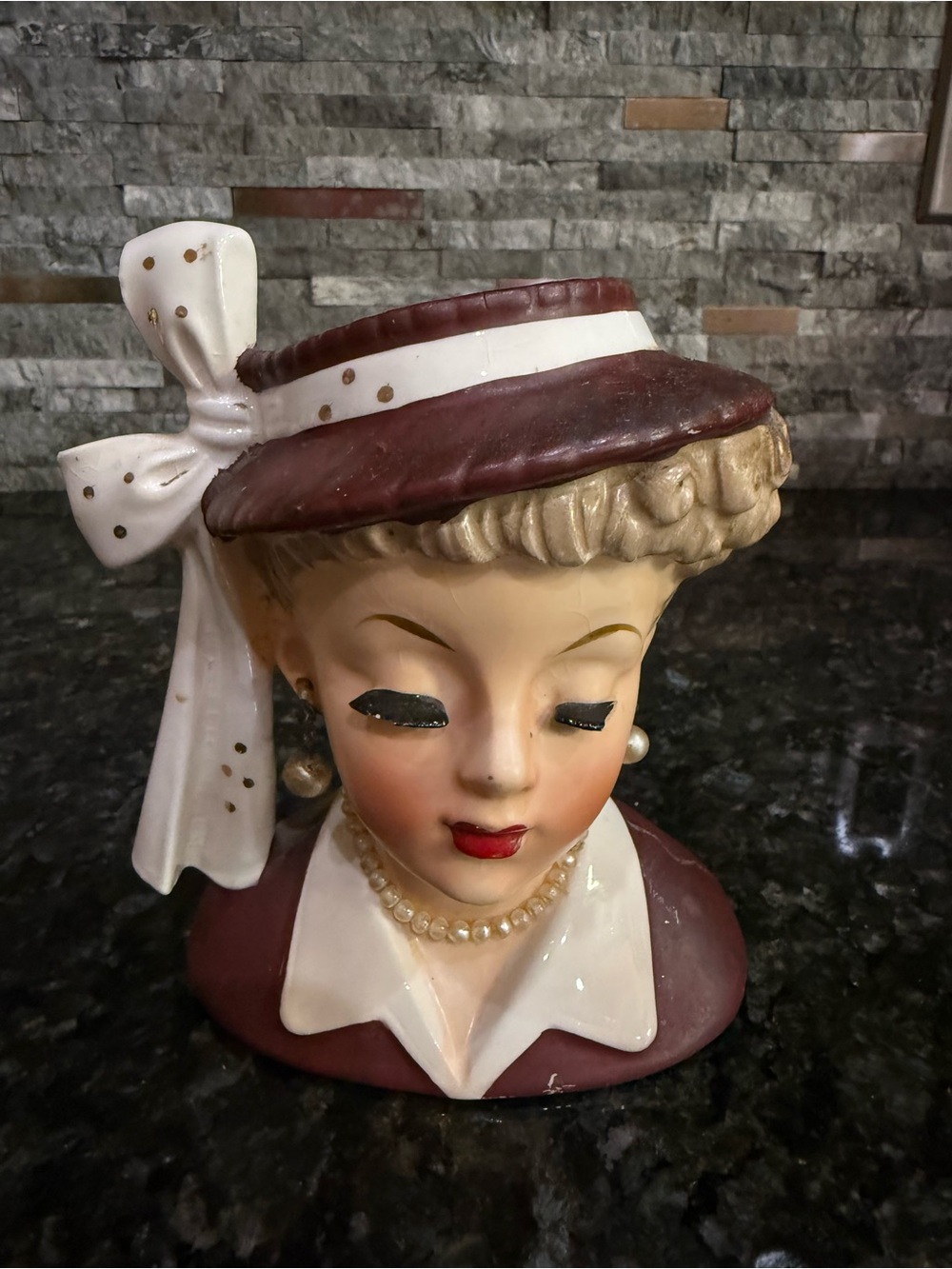 Vintage Ceramic Lady Head Planter with Burgundy Accent